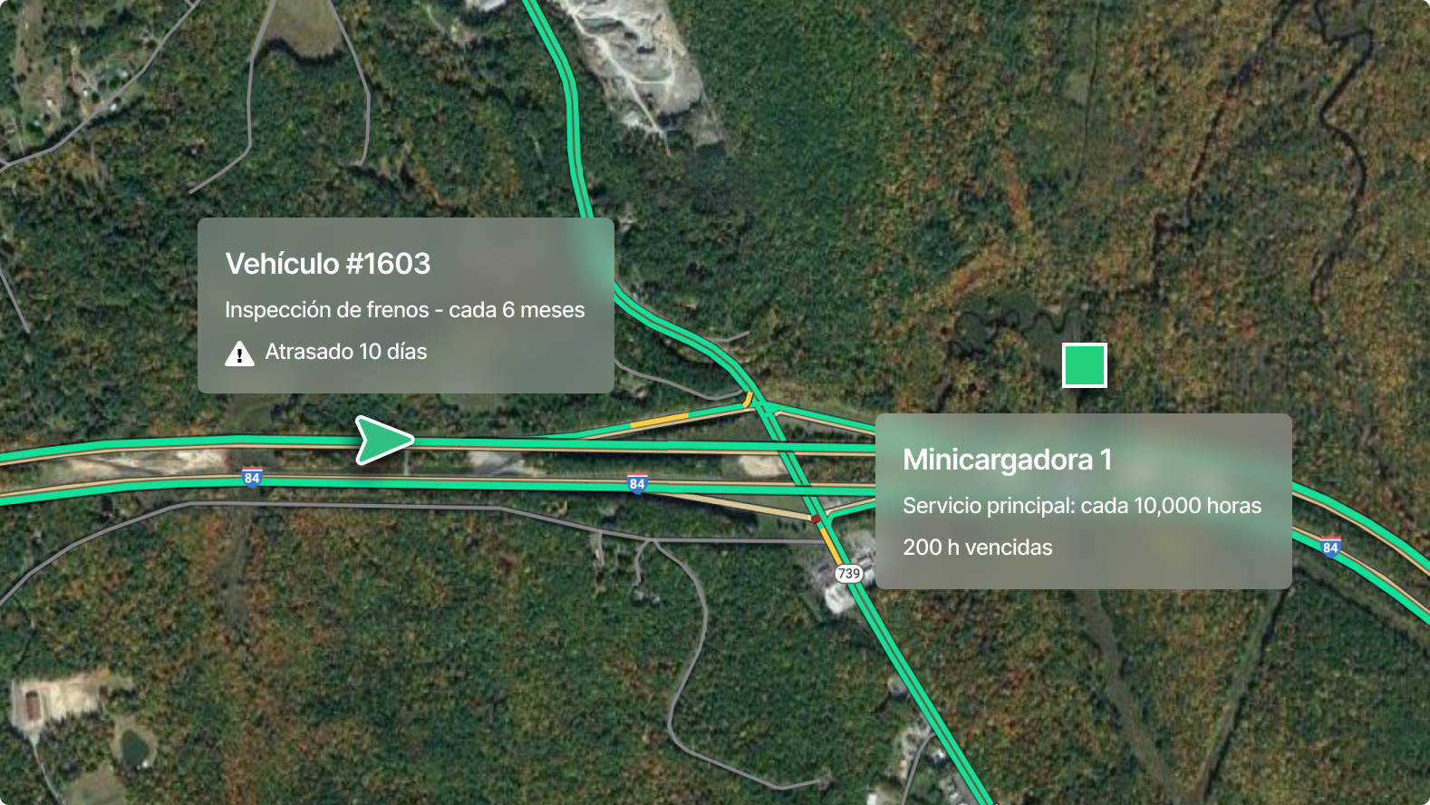 Mapa con alertas de mantenimiento del vehículo con inspección de frenos vencida y servicio próximo para minicargadora