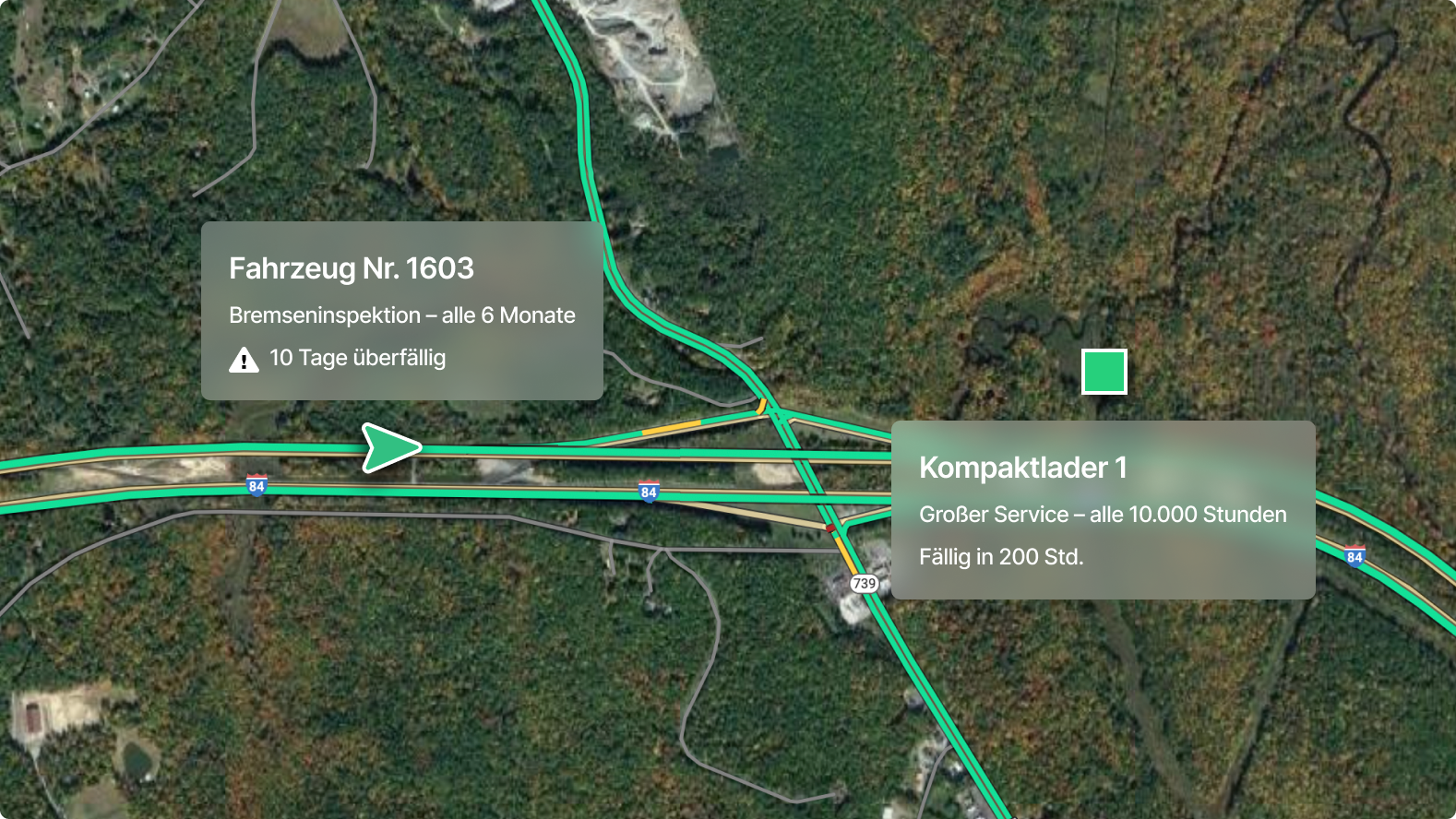 Luftbildkartenansicht mit Benachrichtigungen zur Fahrzeugwartung, einschließlich Bremseninspektion und anstehender Wartung