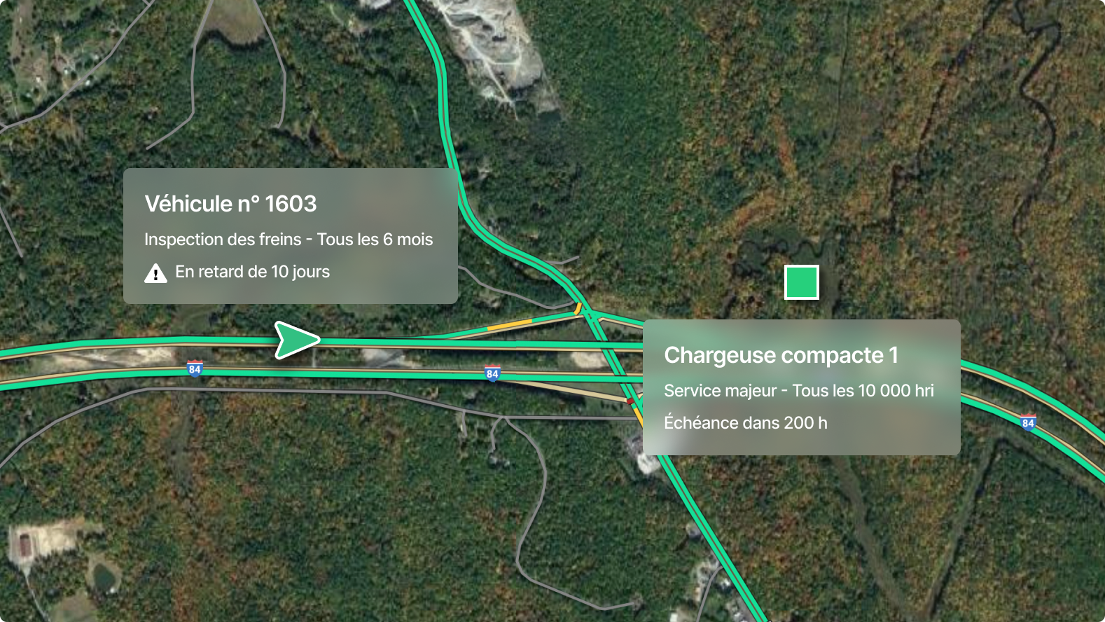 Vue aérienne d'une carte avec alertes de maintenance : retard d'inspection des freins et entretien à venir pour le Skid Steer