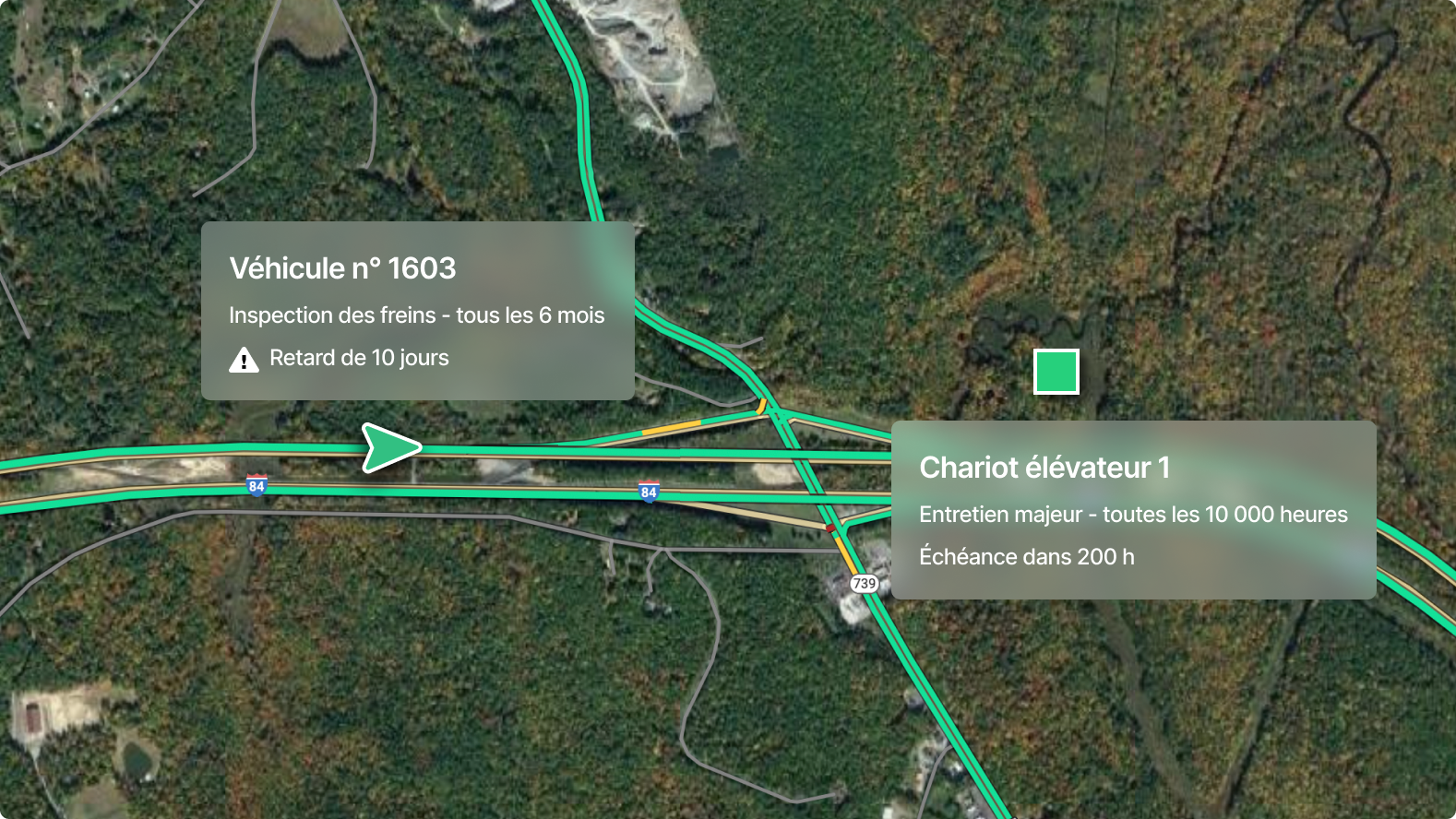 Vue aérienne de la carte montrant les alertes de maintenance du véhicule avec inspection des freins en retard et entretien