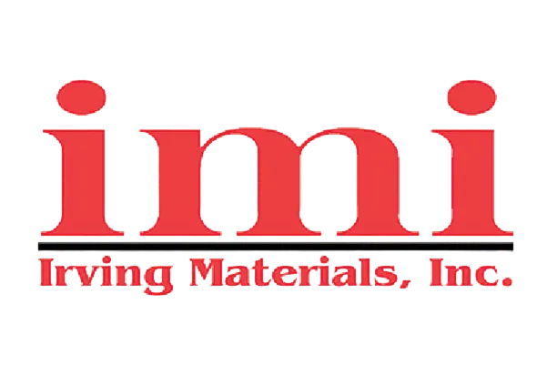 Logo IMI Irving Materials, Inc. avec des lettres rouges en gras et une ligne horizontale noire sur fond blanc.