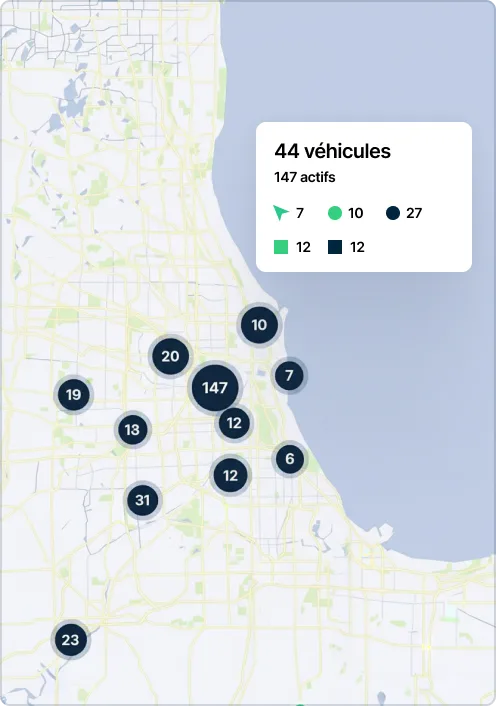 Emplacements de la flotte de véhicules à Chicago avec des marqueurs numérotés et un résumé de 44 véhicules et 103 actifs.