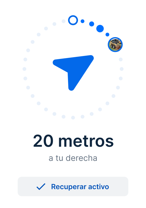 Interfaz de navegación con flecha azul que apunta al activo 65 pies a la derecha, con botón “recuperar activo” debajo