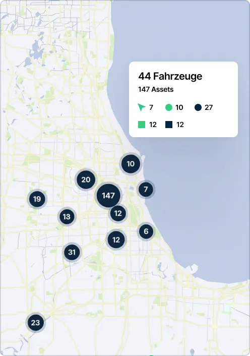 Karte, die die Orte des Fuhrparks im Raum Chicago mit nummerierten Markierungen zeigt und eine Zusammenfassung bietet.