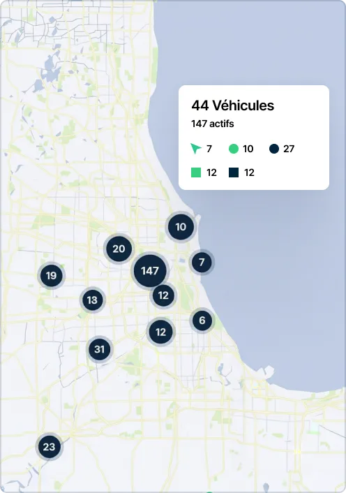 Carte du lieu de la flotte de véhicules à Chicago avec des marqueurs numérotés et un résumé de 44 véhicules et 103 actifs.