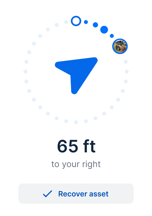 Navigation interface showing blue directional arrow pointing to asset 65 feet to the right, with 'Recover asset' button below