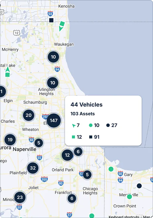 Map showing vehicle fleet locations around Chicago area with numbered markers and a summary of 44 vehicles and 103 assets.