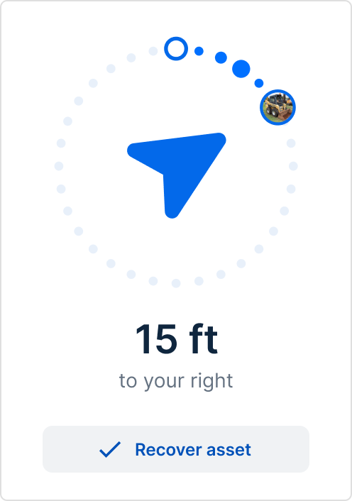 Navigation interface showing blue directional arrow pointing to asset 65 feet to the right, with "Recover asset" button below