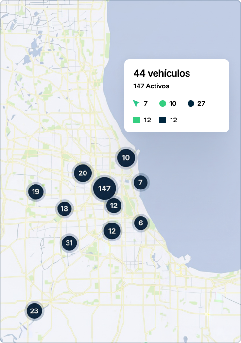 Mapa muestra ubicaciones de flota de vehículos en Chicago con marcadores numerados y resumen de 44 vehículos y 103 activos.