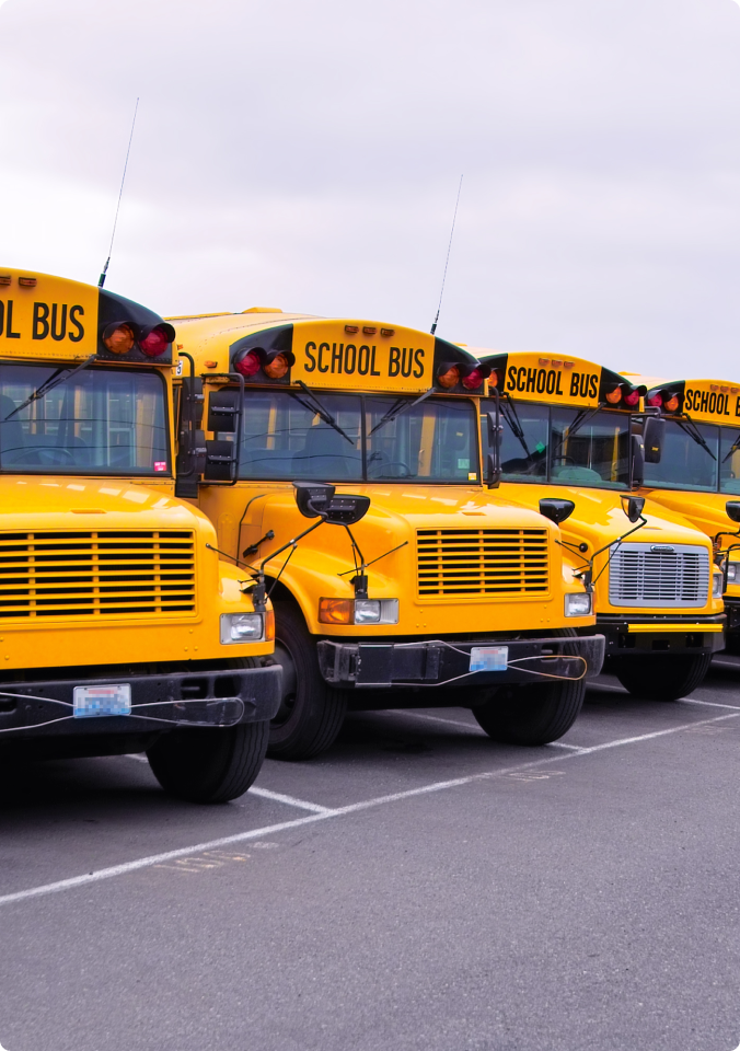 Row of bright yellow school buses parked in a lot under an overcast sky.