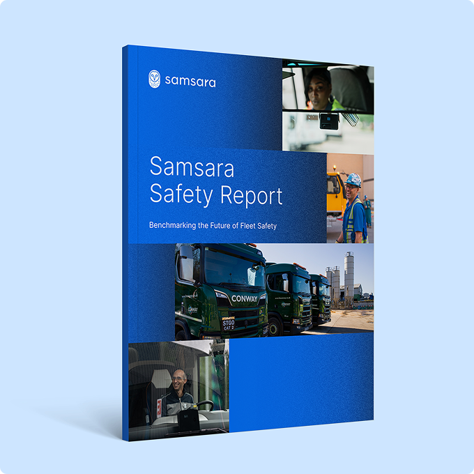 Blue Samsara Safety Report cover with fleet safety images showing trucks, drivers, and safety monitoring systems.