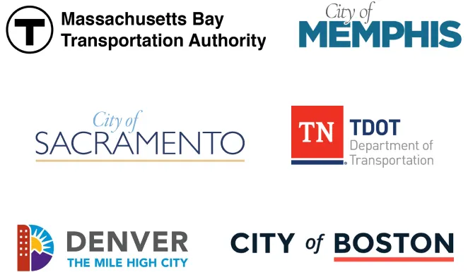 MBTA logo, City of Memphis Logo, City of Sacramento logo, TDOT logo, City and County of Denver logo, City of Boston logo