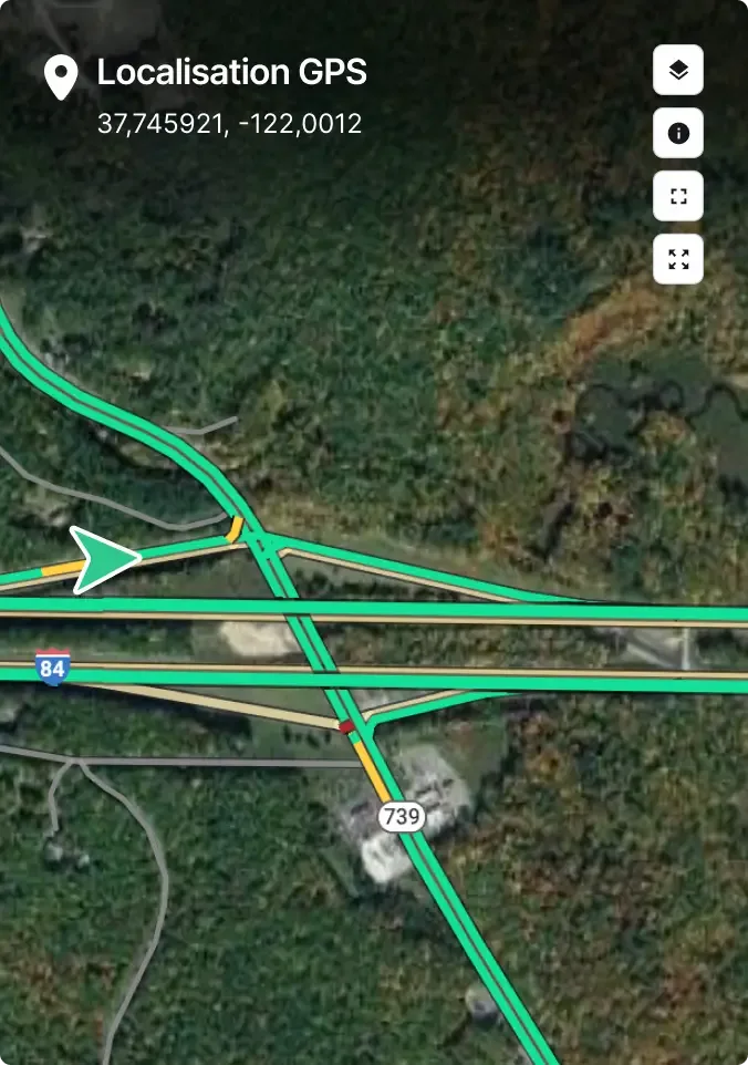 Carte satellite montrant l’emplacement GPS avec un échangeur autoroutier mettant en évidence les itinéraires 84 et 739