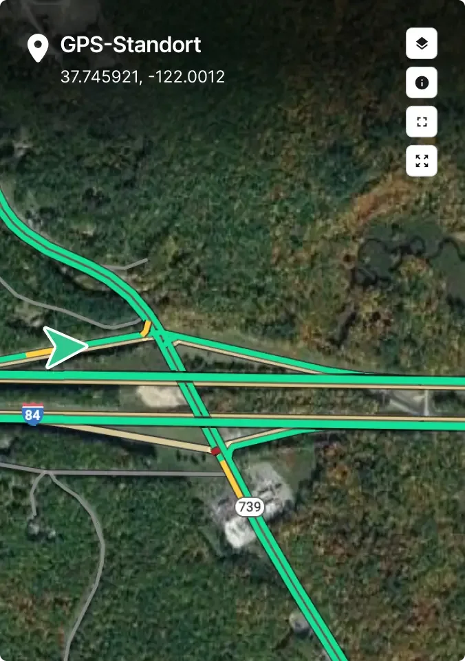 Satellitenkarte mit GPS-Standort 37,745921, -122,0012 und Autobahnkreuz, bei dem die Routen 84 und 739 hervorgehoben sind