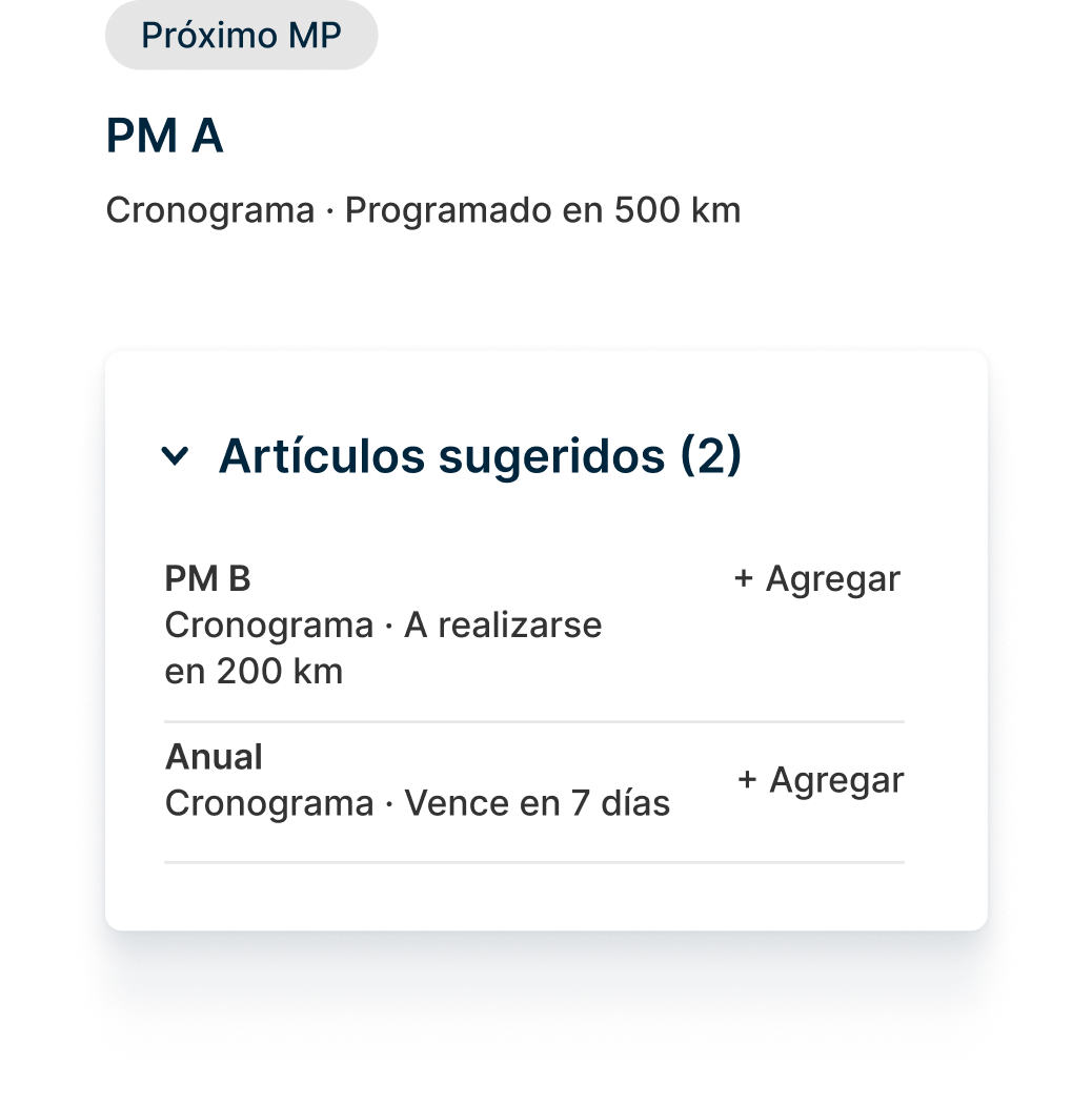 Mantenimiento del vehículo que muestra el próximo vencimiento de PM A en 500 millas y los elementos de mantenimiento.
