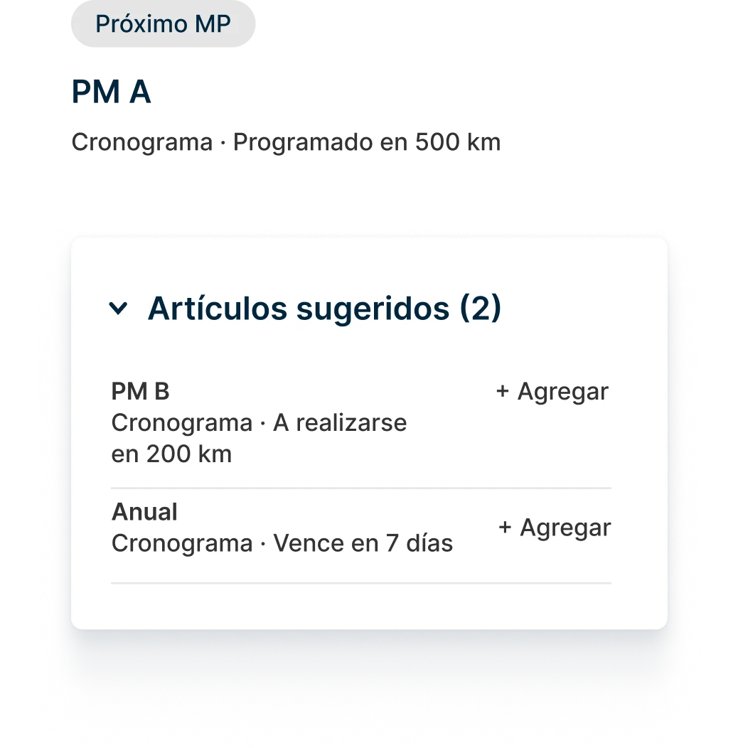Mantenimiento del vehículo que muestra el próximo vencimiento de PM A en 500 millas y los elementos de mantenimiento.