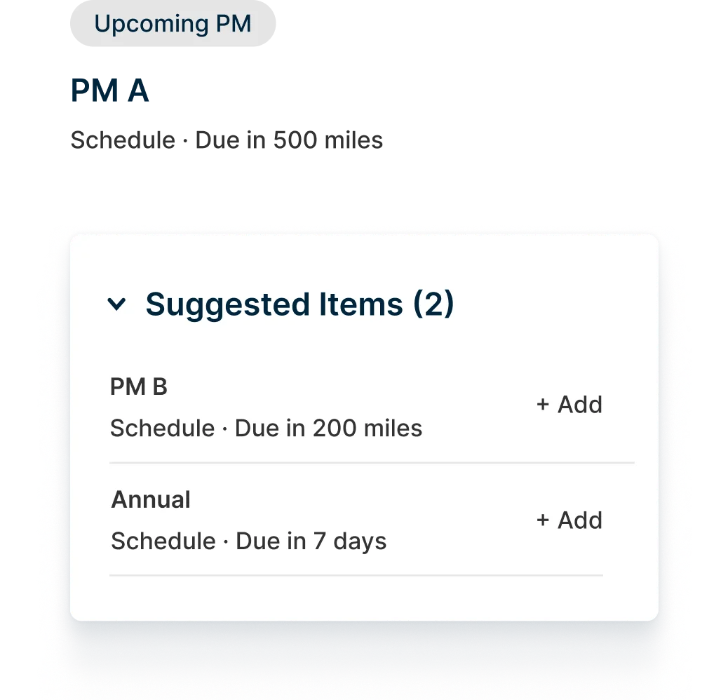 Vehicle maintenance interface showing upcoming PM A due in 500 miles and suggested maintenance items with add options.