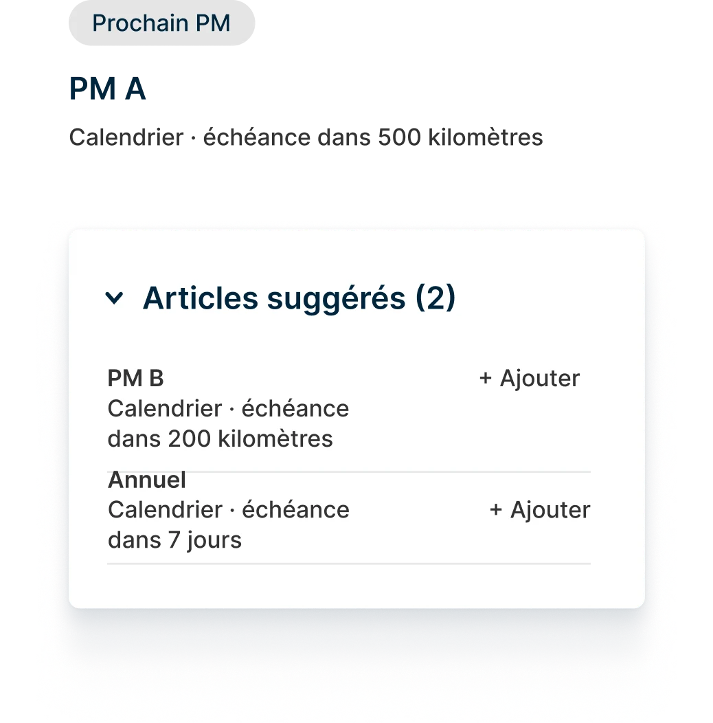 Maintenance du véhicule avec le prochain PM A à effectuer dans 500 milles et les éléments de maintenance.