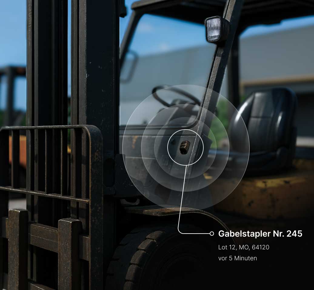 Nahaufnahme des Gabelstaplers Nr. 245 mit digitalem Tracking-Interface, das den Ort auf Lot 12, MO, 64120 anzeigt.