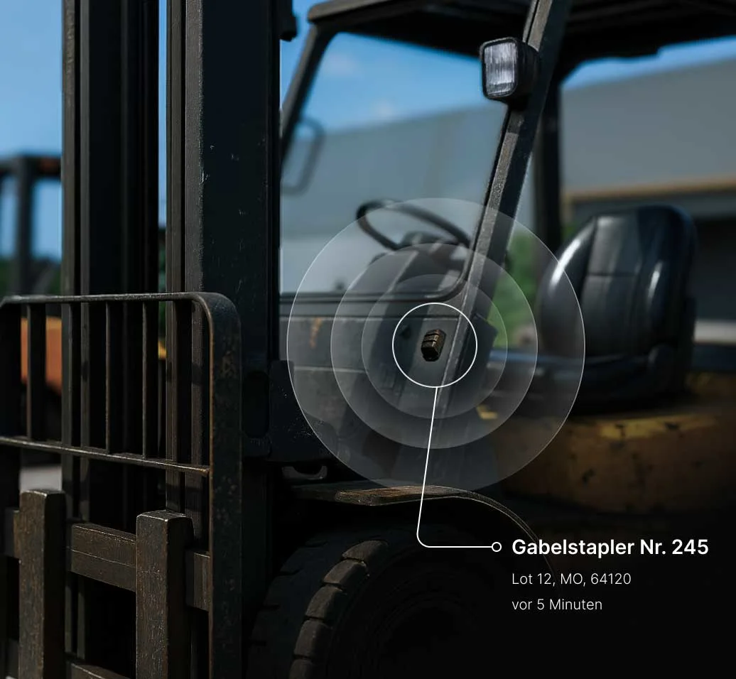 Nahaufnahme des Gabelstaplers Nr. 245 mit digitalem Tracking-Interface, das den Ort auf Lot 12, MO, 64120 anzeigt.