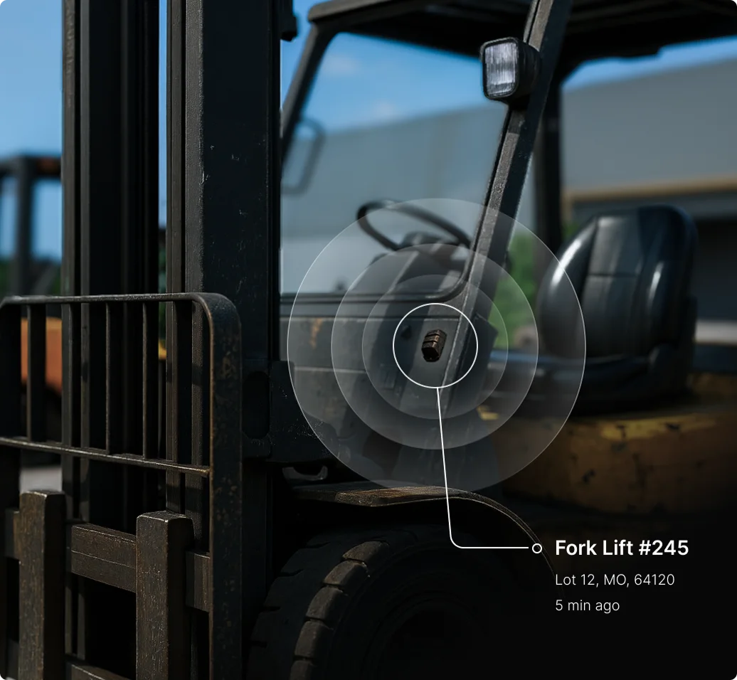 Close-up of forklift #245 with digital tracking interface showing location at Lot 12, MO, 64120, updated 5 minutes ago.