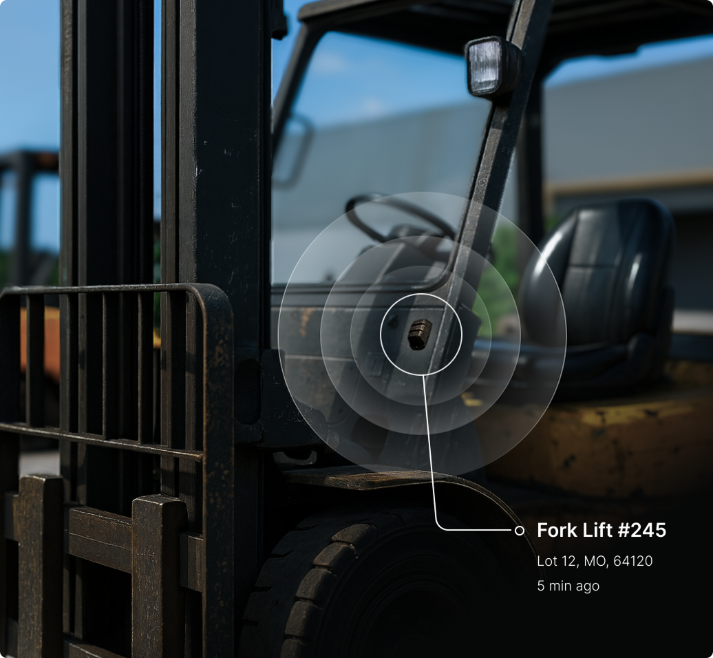 Close-up of forklift No. 245 with digital tracking interface showing location at Lot 12, MO, 64120, updated 5 minutes ago.