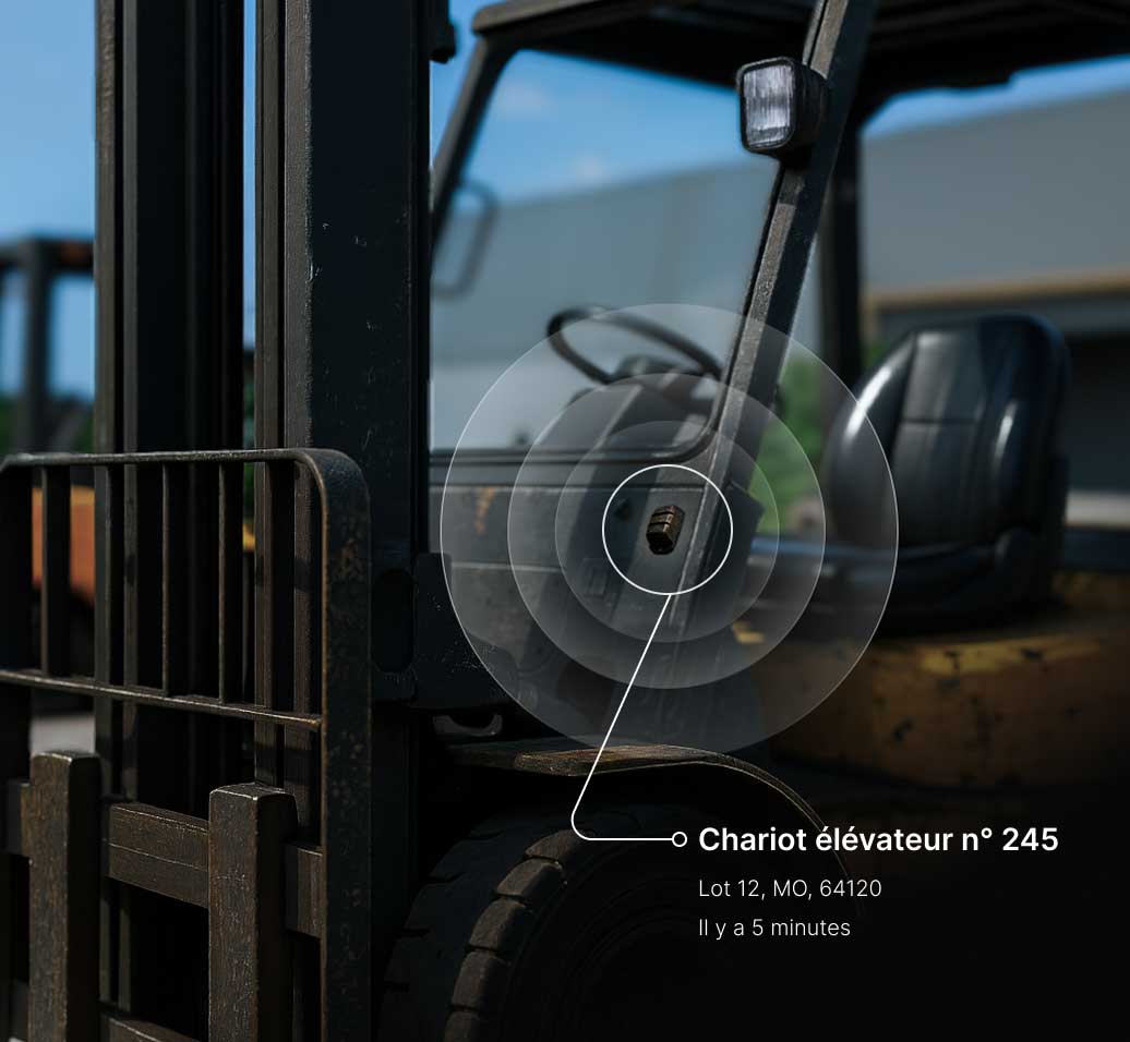 Chariot élévateur #245 avec interface de suivi affichant l'emplacement au Lot 12, MO, 64120, mis à jour il y a 5 minutes.