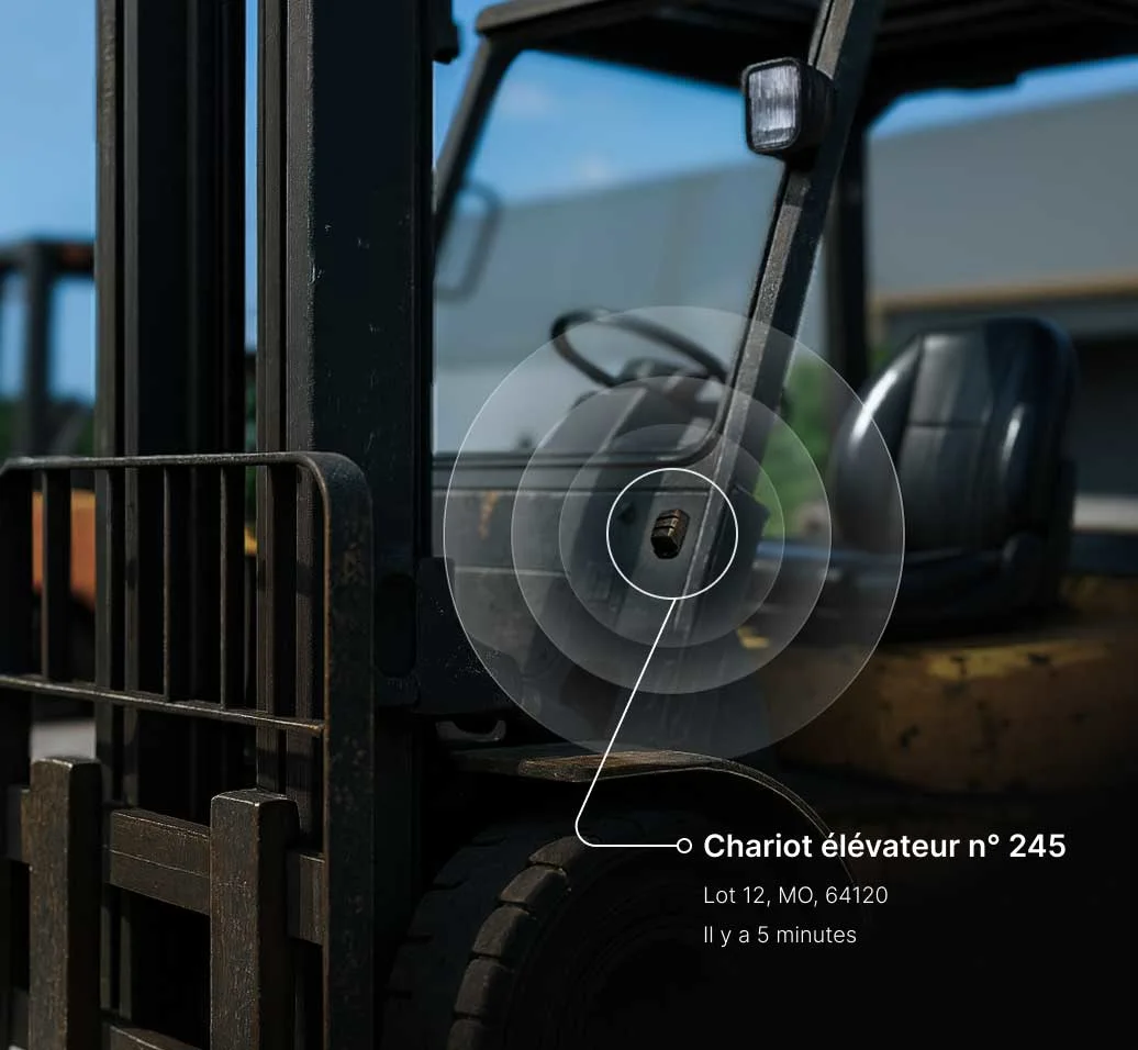 Chariot élévateur #245 avec interface de suivi affichant l'emplacement au Lot 12, MO, 64120, mis à jour il y a 5 minutes.