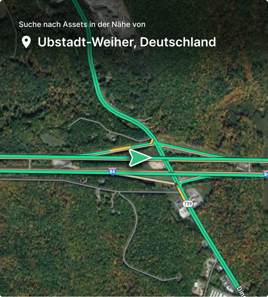 Luftaufnahme einer Straßenkreuzung bei Ubstadt-Weiher mit grün markierten Straßen und Standortanzeige auf einer Karte.