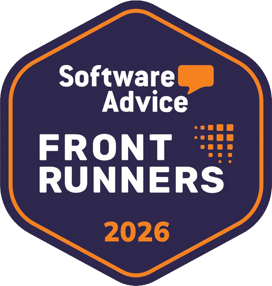 Software Advice Front Runners 2026 badge, navy hexagon with orange accents and white text.