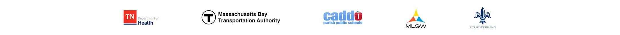 Row of five organizational logos including TN Health, Massachusetts Bay Transportation Authority, and City of New Orleans.
