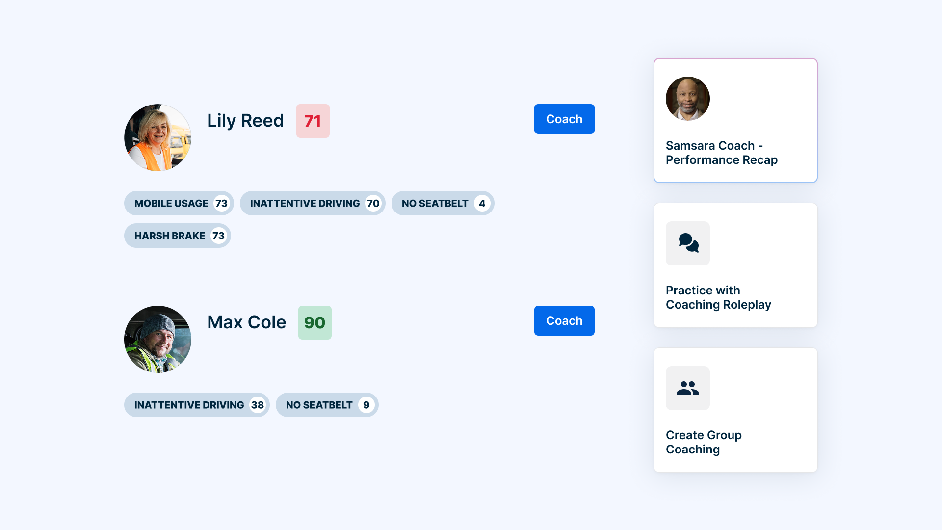 Driver performance dashboard showing Lily Reed (71) and Max Cole (90) with driving metrics and coaching options.