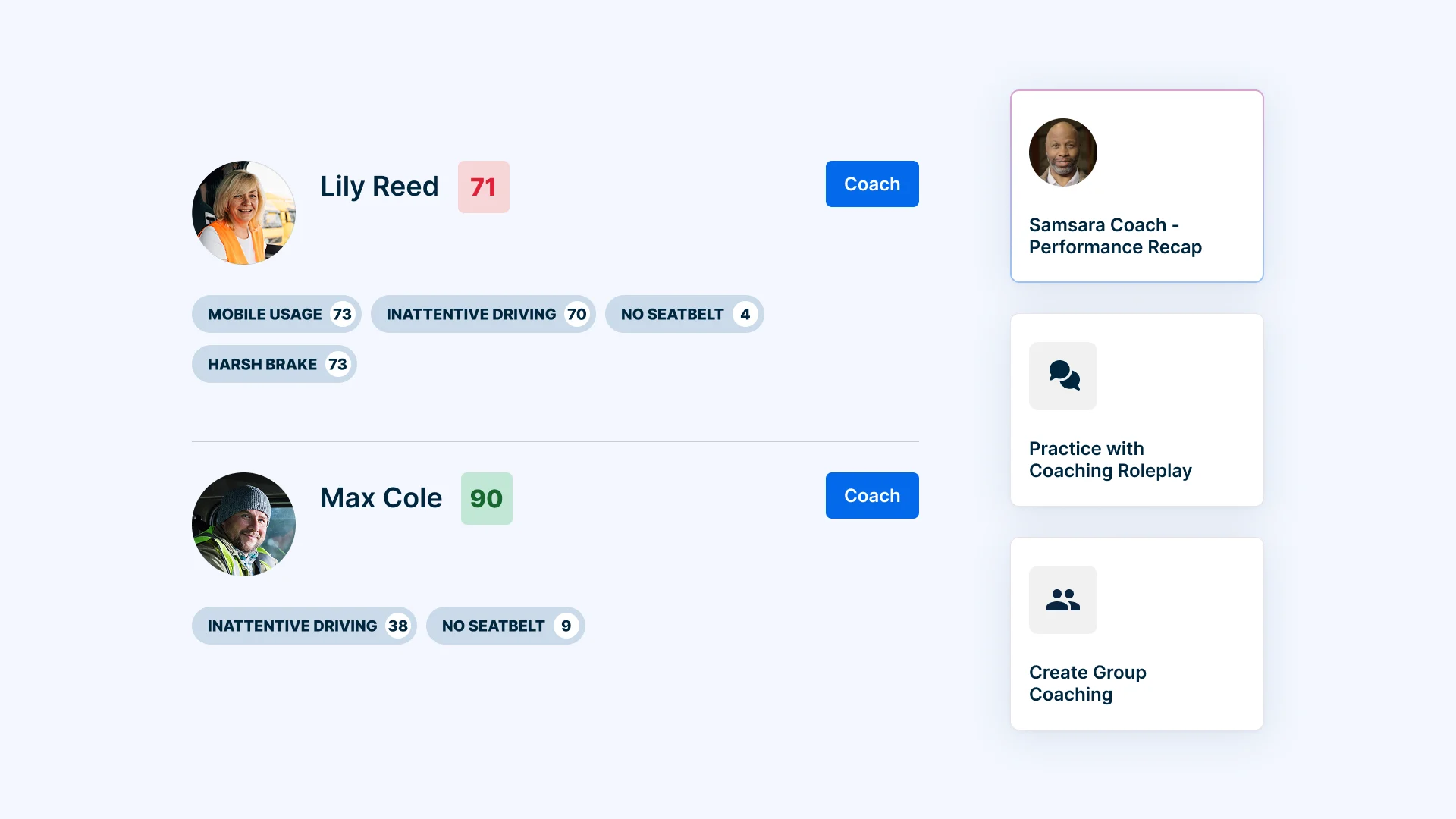 Driver performance dashboard showing Lily Reed (71) and Max Cole (90) with driving metrics and coaching options.