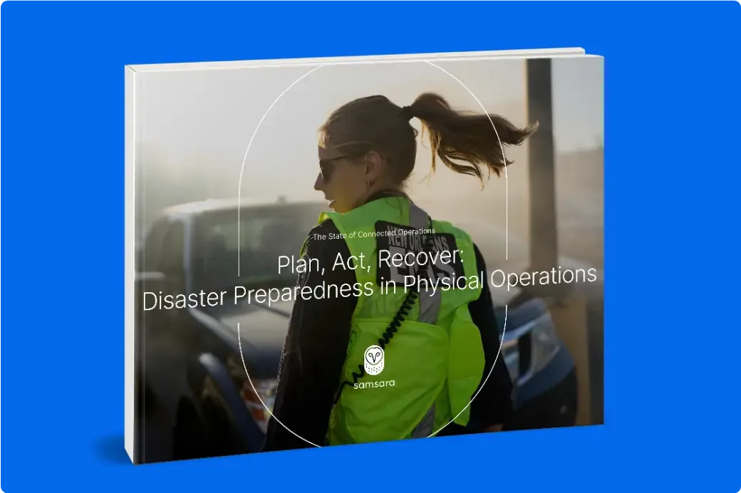 Book cover showing person in safety vest with title "Plan, Act, Recover: Disaster Preparedness in Physical Operations"