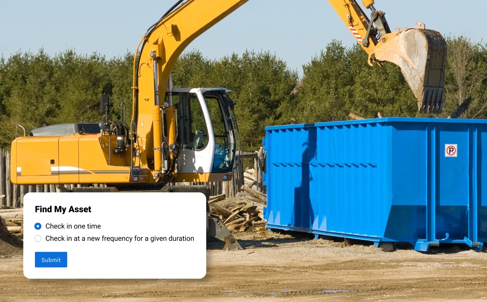Excavator dumping material from a worksite into a large dumpster. Overlay shows Find My Asset feature. 