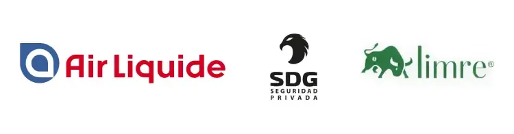 Logotipos de tres empresas: Air Liquide (azul y rojo), SDG Seguridad Privada (águila negra) y Limre (rinoceronte verde).