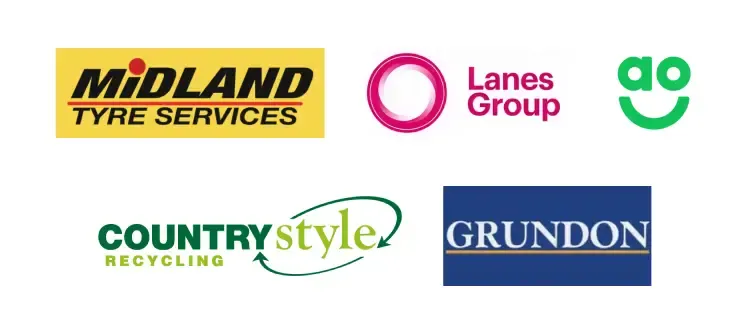 Logos of five companies: Midland Tyre Services, Lanes Group, AO, Countrystyle Recycling, and Grundon.