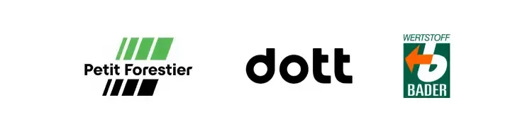 Drie bedrijfslogo's naast elkaar: Petit Forestier met groene strepen, dott in zwart lettertype, en Wertstoff Bader