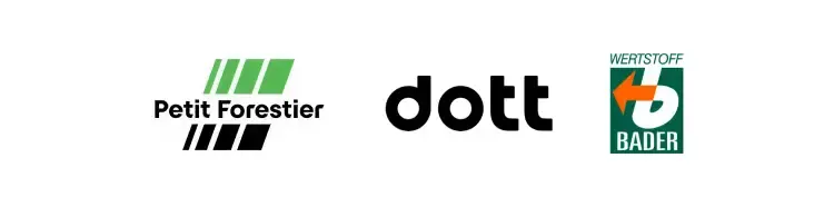 Drei Unternehmenslogos nebeneinander: Petit Forestier mit grünen Streifen, dott in schwarzer Schrift und Wertstoff Bader
