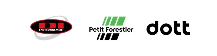 Trois logos d'entreprise alignés horizontalement : FWA Environnement (ovale rouge), Petit Forestier (vert) et Dott (noir).