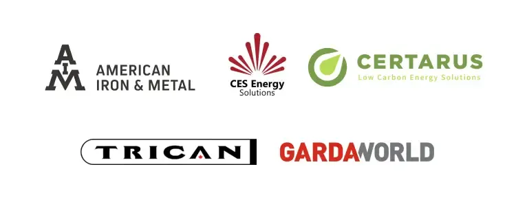 Logos de cinq entreprises: American Iron & Metal, CES Energy Solutions, Certarus, Trican et GardaWorld.