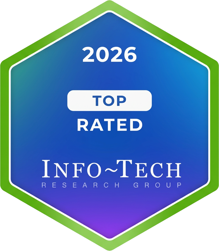 2026 Top Rated badge from Info-Tech Research Group, hexagonal shape with green border and blue-purple gradient background.