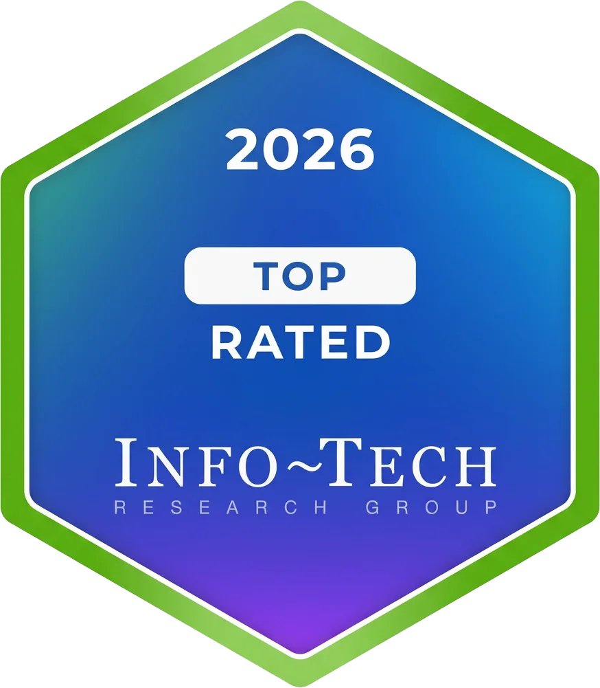 2026 Top Rated badge from Info-Tech Research Group, hexagonal shape with green border and blue-purple gradient background.