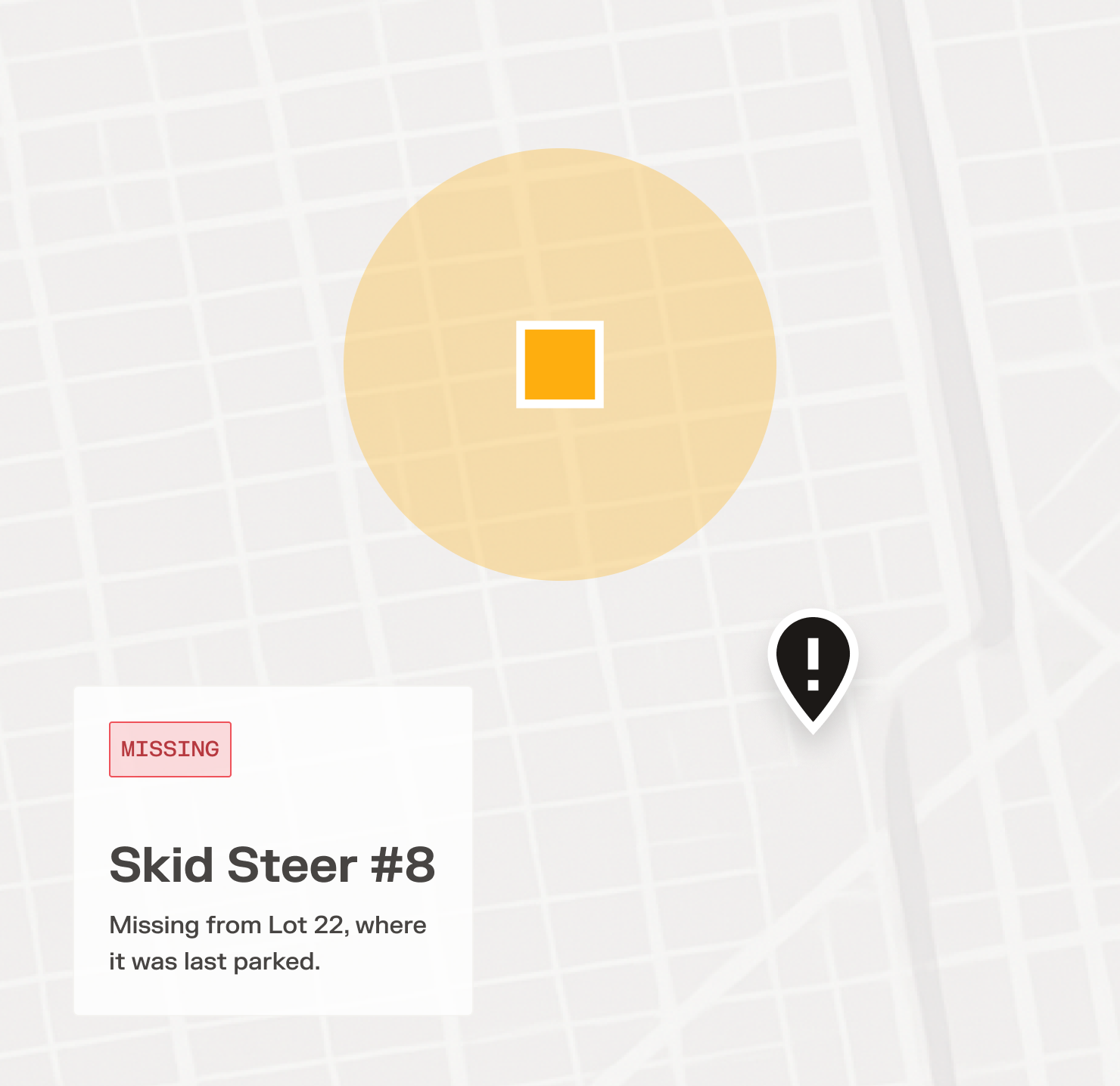 Map showing Skid Steer #8 marked as missing from Lot 22, with an orange location zone and alert pin.