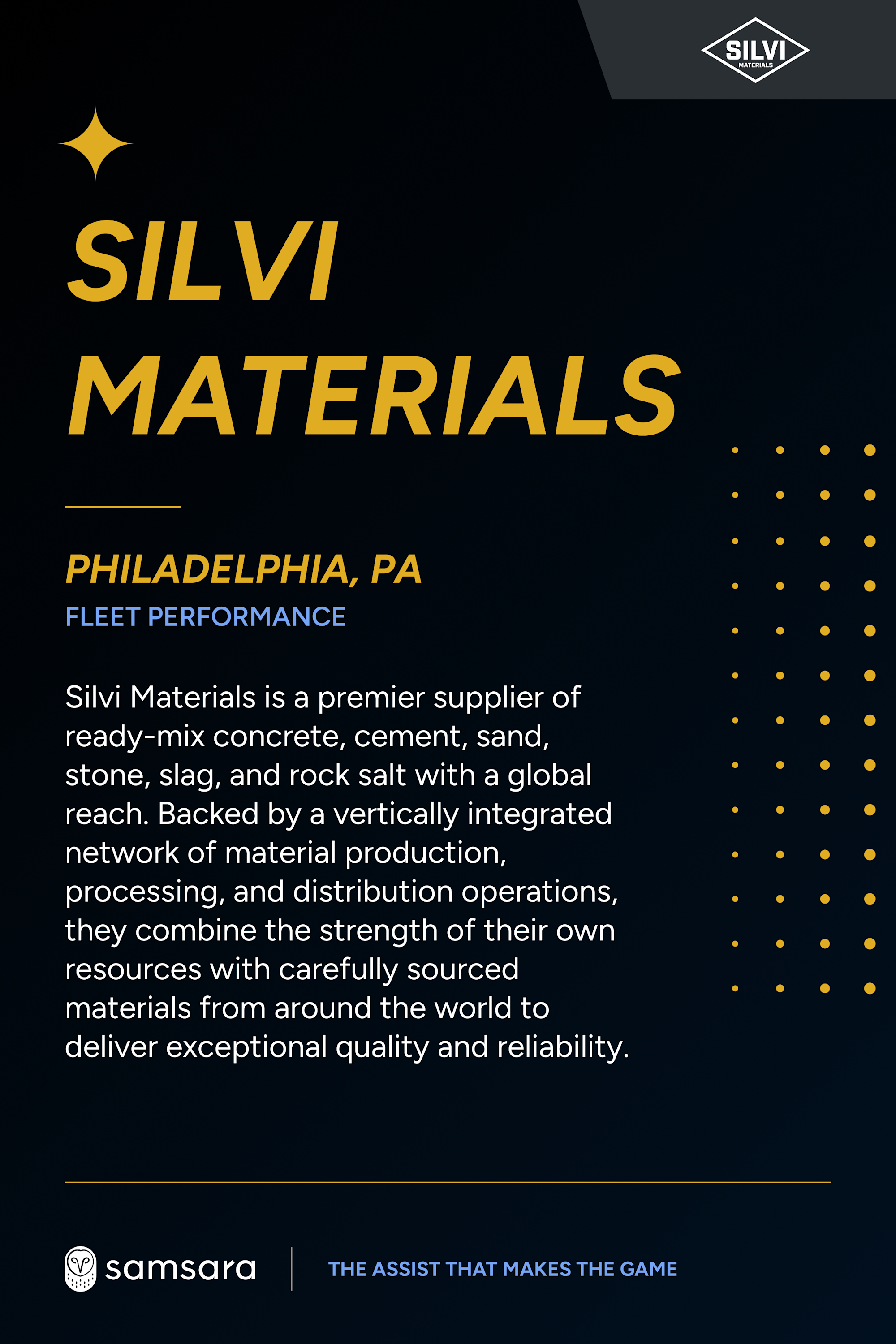 Silvi Materials Philadelphia, PA fleet performance case study card on dark background with gold text and Samsara logo.