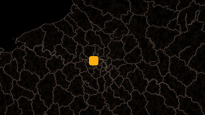 Dark map with orange boundary lines and a bright orange square marker at the center indicating a specific location.