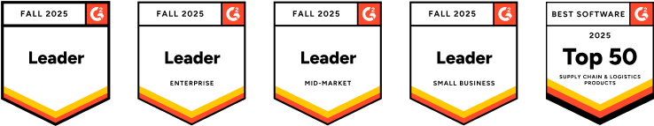 Five G2 award badges showing Leader status in Enterprise, Mid-Market, Small Business, and Top 50 Supply Chain Logistics.