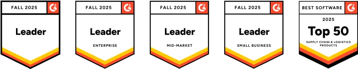 Five G2 award badges showing Leader status in Enterprise, Mid-Market, Small Business, and Top 50 Supply Chain Logistics.