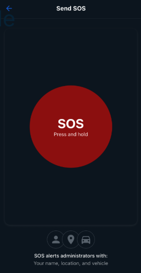 A mobile app emergency screen with a large red SOS button that says "Press and hold" on a dark blue background.