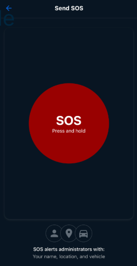 A mobile app emergency screen with a large red SOS button that says "Press and hold" on a dark blue background.
